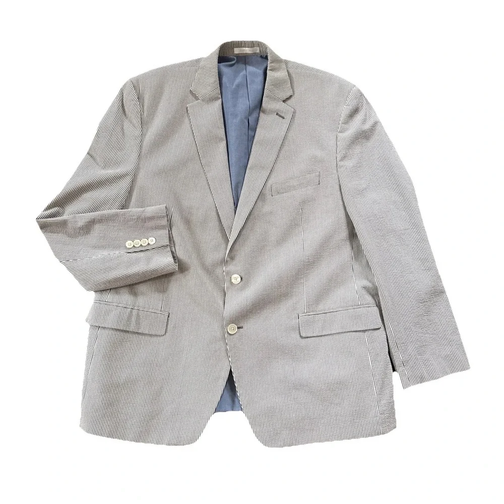 Lauren Ralph Lauren Sport Coat Men 48R Blue White Seersucker Stripe Cotton